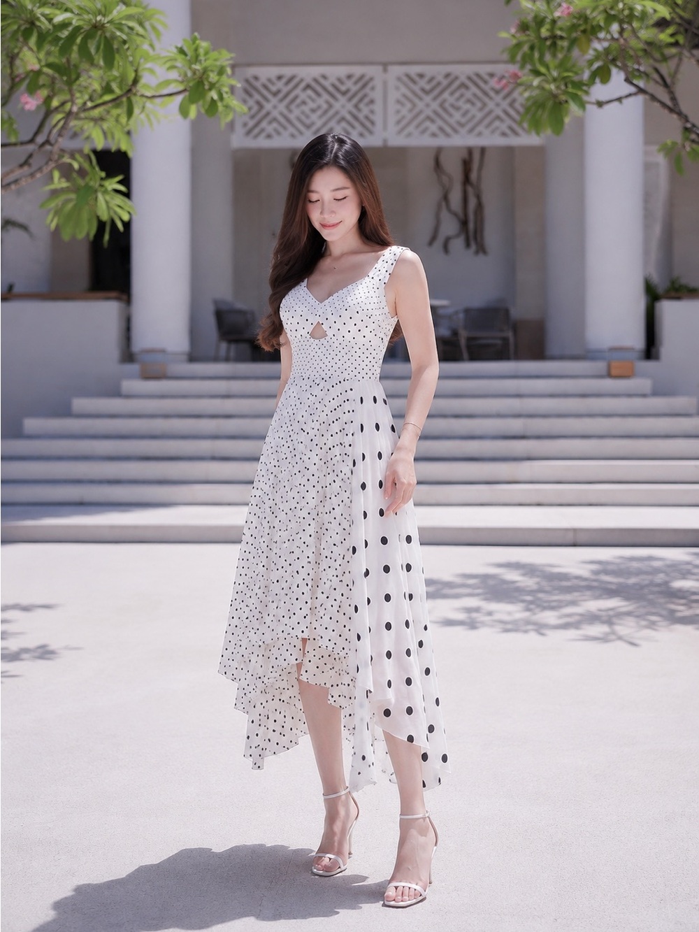 Banana Republic White and Black Polka Dot Asymmetrical Midi Dress